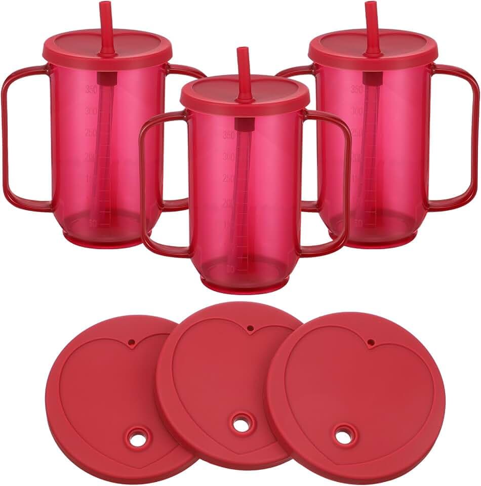 Sliner 3 Pcs Adult Sippy Cups for Elderly with Straw, Red