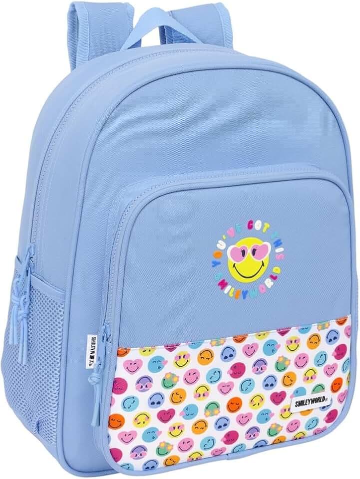 Smiley World Joyful Kinder-Rucksack, anpassbar, recycelbarer Stoff, ideal für Kinder verschiedener Altersgruppen, bequem und vielseitig, Qualität und Widerstandsfähigkeit, 32 x 12 x 38 cm, Hellblau /