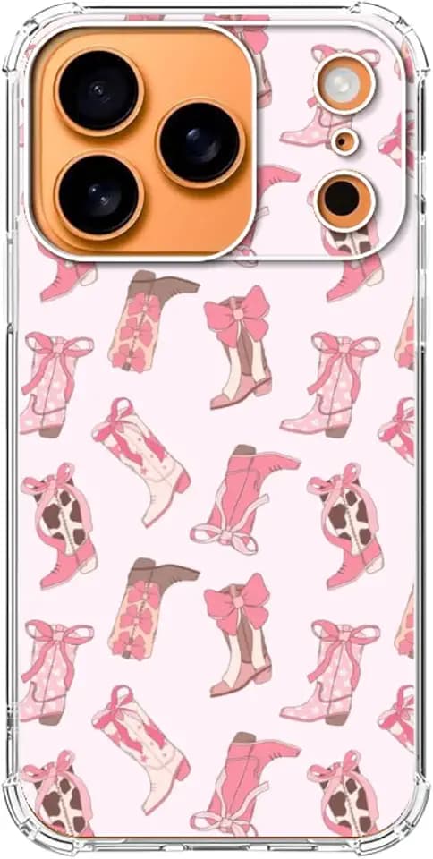 Pink Cowgirl Boots Pattern Phone Case for iPhone 17 Pro Max, Western Cowgirl Phone Cover, Trendy Cool TPU Case Cover