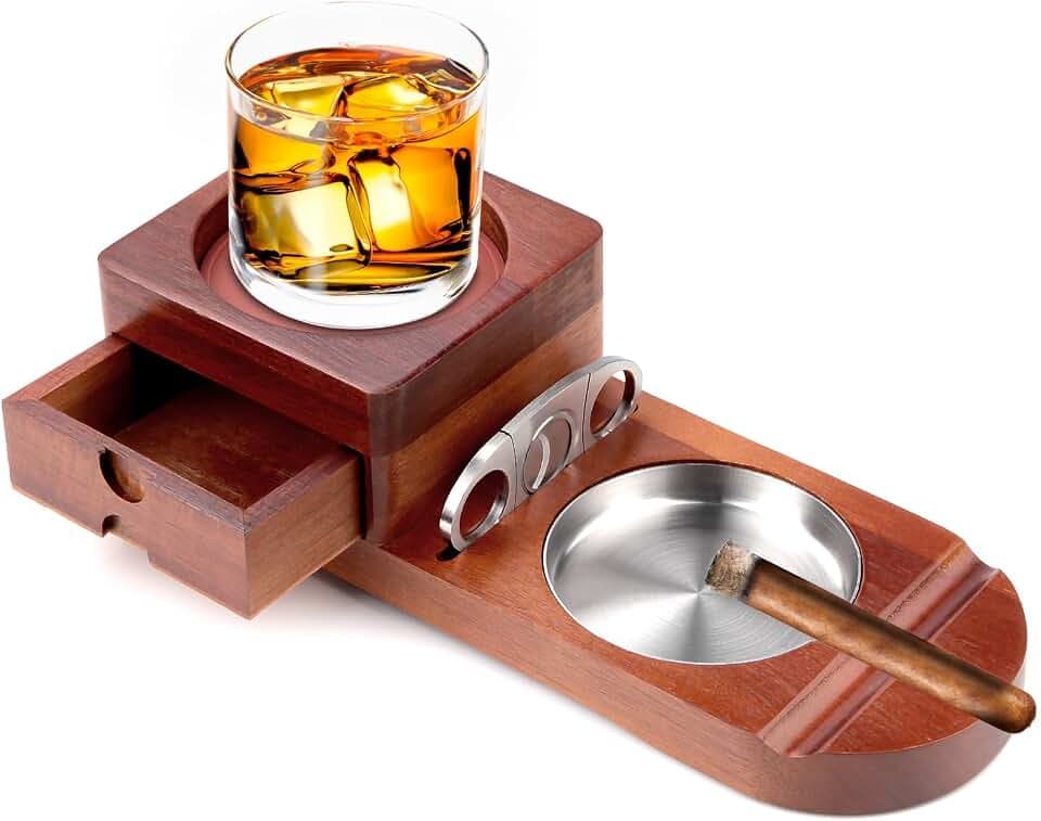 Zigarrenaschenbecher Holz Set Cuban Cigar Ashtray Zigarren Zubehör Smoker Kubanische Zigarren Whiskey Zigarren Geschenkset mit Abnehmbarer Schublade und Zigarrenschneider für Zuhause, Büro, Bar(Braun)