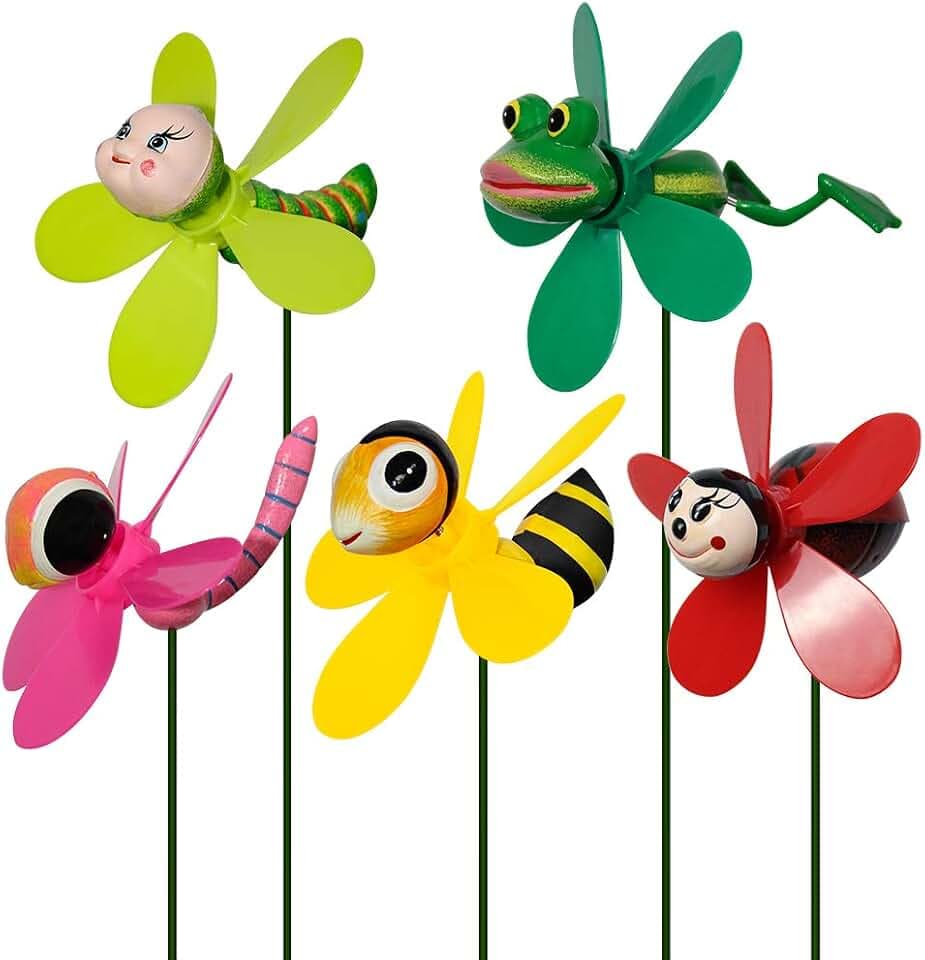 5-Pack 3D Insect Wind Spinners for Yard and Garden - Colorful Spring-Loaded Pinwheels - Bee, Dragonfly, Frog, Ladybug Whirligigs - Decorative Outdoor Yard Art for Lawn, Patio & Potted Plants
