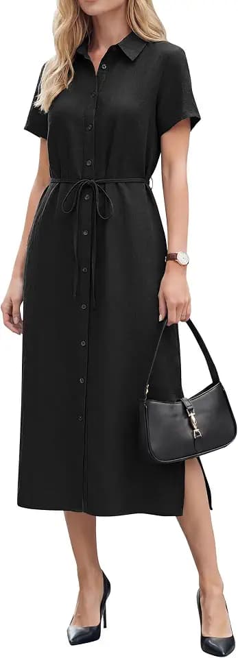 Arach&Cloz Women's Linen with Pockets Midi Summer Spring Shirt Dress 2026