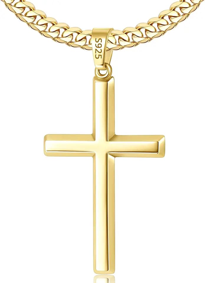 925 Sterling Silver Cross Necklace for Men, 18k Gold Plated Sterling Silver Cross Necklace with 5mm Durable Stainless Steel Cuban Link Chain for Men, 18 20 22 24 26 Inch