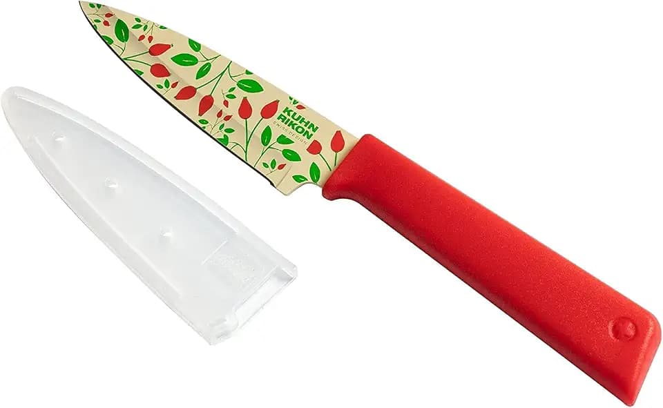 Kuhn Rikon Colori+ Non-Stick Straight Paring Knife with Safety Sheath, 4 inch/10.16 cm Blade, Rosehips