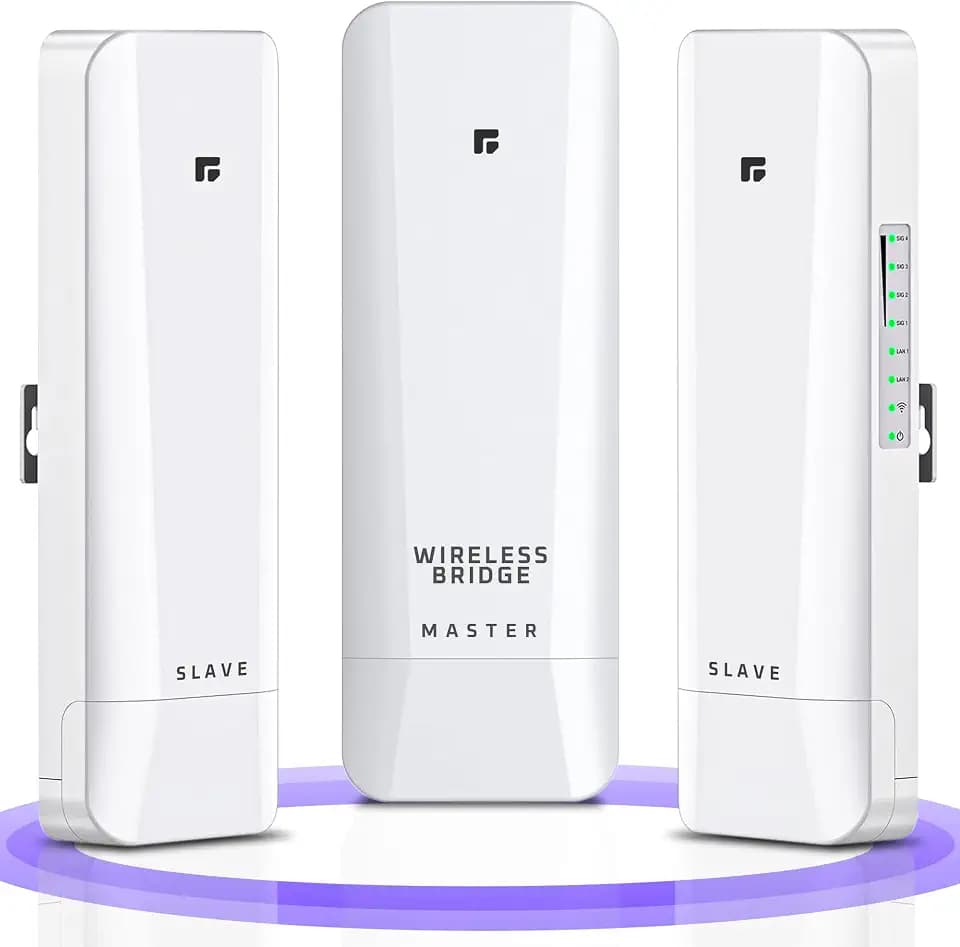 Wireless Bridge, Pre-Configured 3 Pack Long Range WiFi Bridge for Point to Multi-Point, High-Speed Network Bridge with Hotspot, for Stores, Barn, Garage, Building, 100/1000Mbps LAN Port. 3 Pack (5KM)