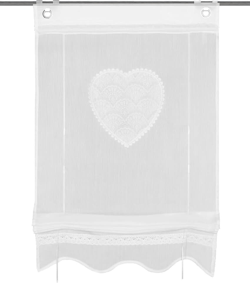 Corazon, Bändchenrollo mit Ösen und Haken, aus Batist, Bestickt und mit Spitze, Blende unten, Farbe: Weiß, Maße (h x b): (130 x 60 cm) 091417-0101 130 X 60