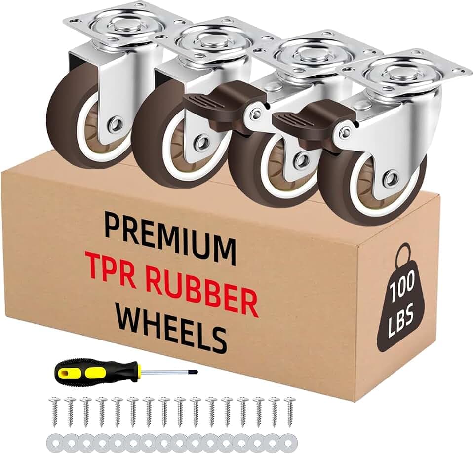 1 Inch Low Profile Caster Wheels Set of 4, with Brakes, 100 LB