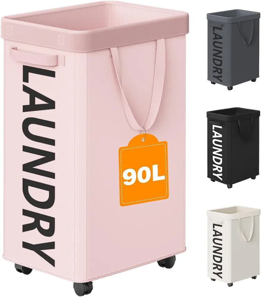 Optish 90L Laundry Basket with Wheels, Rolling Hamper with Removable Bag