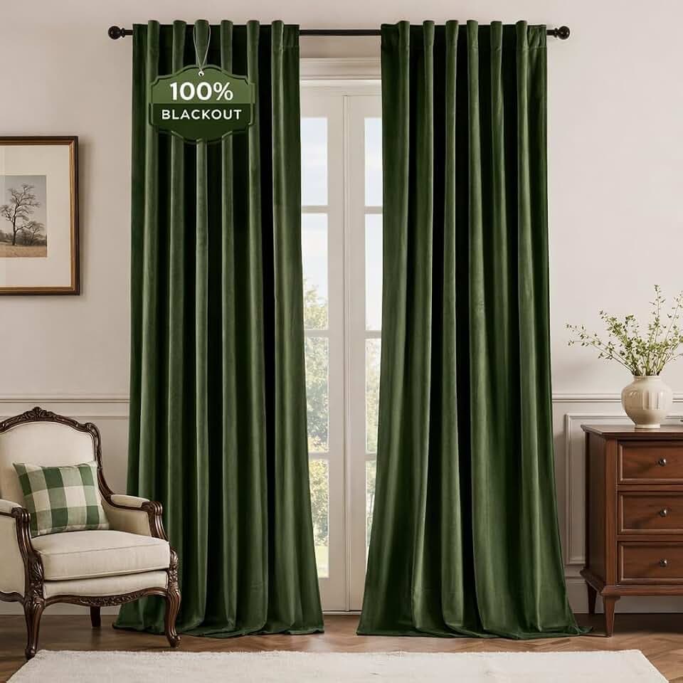 HOMEIDEAS 100% Blackout Velvet Curtains Green 84'' 2 Panels for Bedroom