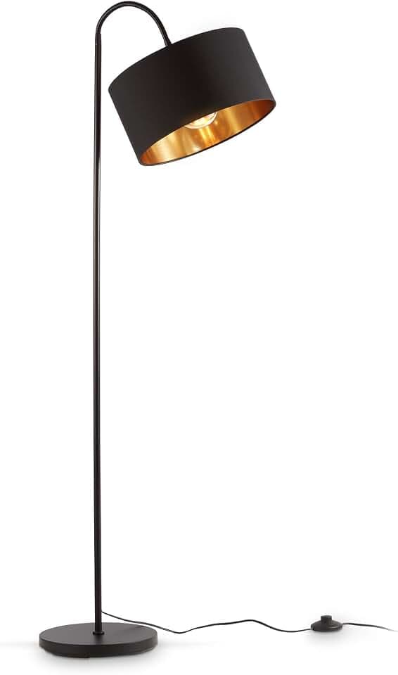 B.K.Licht - Stehlampe Vintage mit Fußtaster, Lampenschirm aus Stoff, schwenkbar, Leselampe, Deko Wohnzimmer, Lampe, Deckenfluter, Bogenlampe, Standleuchte, Industrial, 25x145 cm, Schwarz-Gold