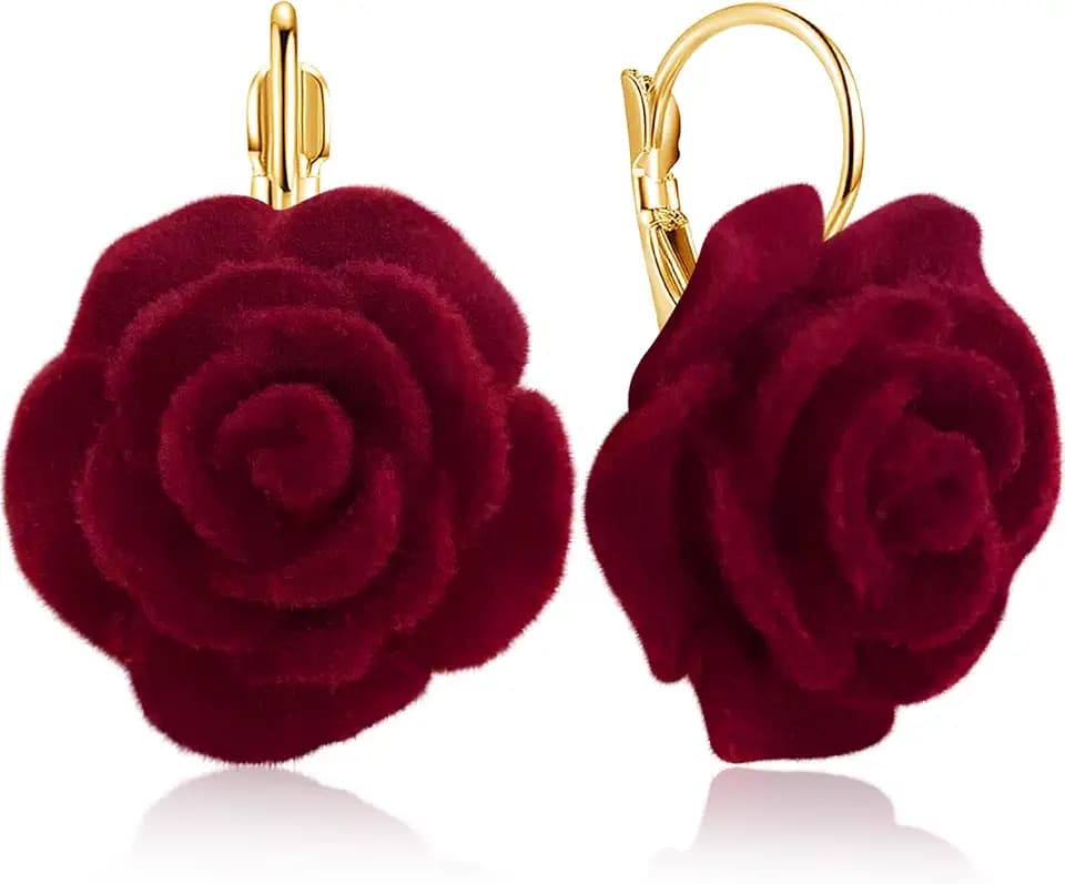 Velvet Acrylic Rose Flower Lightweight Dangle Drop Earrings Vintage Camellia Floral Leverback Earrings for Women