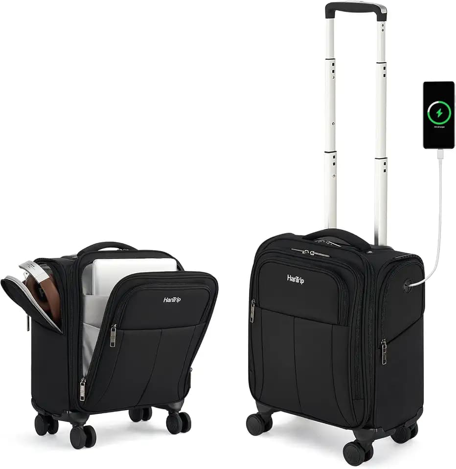 HanTrip 16 Inch Underseat Small Carry On Luggage with Spinner Wheels, Black