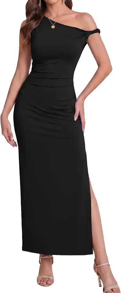 Women's One Shoulder Sleeveless Ruched Bodycon Maxi Dresses