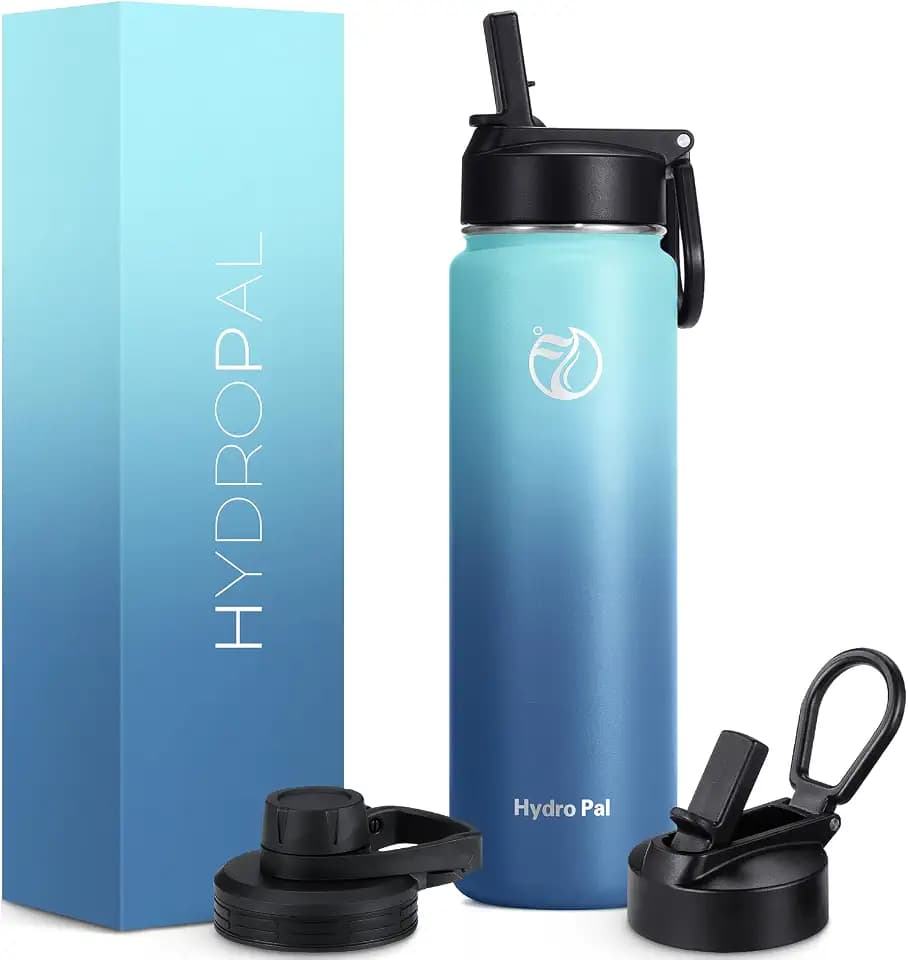 HydroPal 750ml Edelstahl Isolierflasche,Trinkflasche mit Strohhalm 2 Deckel | BPA-frei, 24h kalt & 12h heiß Vakuumflasche, auslaufsicher Wasserflasche, Stroh- und Ausgussdeckel Sportflasche für Alltag