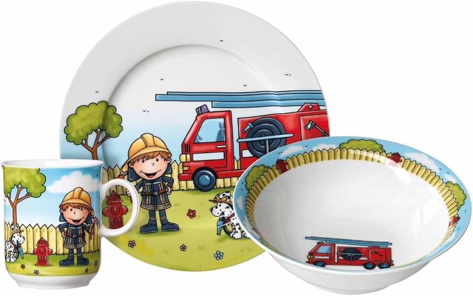 Ritzenhoff & Breker Kindergeschirr Set Feuerwehrmann Bernie, 3-teilig, Bunt, Schale Becher Teller aus Porzellan