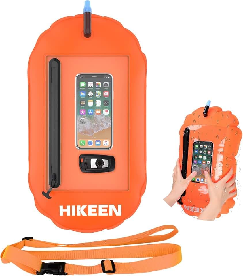 Hikeen Swim Buoy -Waterproof Touchscreen Storage Space, Swim Safety Float w/Adjustable Waist Belt for Open Water Swimmers and Triathletes -Be Bright,Be Safer & Be Seen