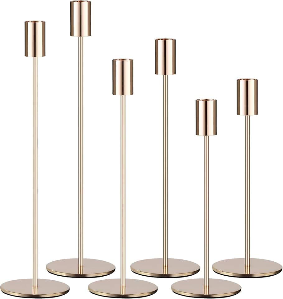 6 SetKerzenhalter,Kandelaber Stabkerzen 33/28/23CM,Hoch Kerzenleuchter, Dekorativer Vintage-Kerzenhalter aus Metall für Geburtstagsessen, Jubiläum, Hochzeit, Heimdekoration (Gold)
