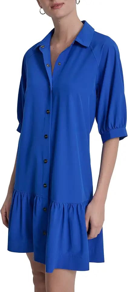 DKNY Women's Elbow Sleeve Collared Neck Ruffle Hem Button Front Mini Dress