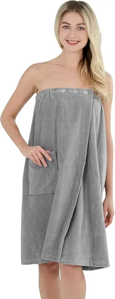 Winthome Saunakilt Damen 100% Baumwolle Weich, Saunatuch Damen mit Knopf, Bademantel Saugstark, 3-Fach Weitenverstellbar, Taschen, Saunahandtuch für Sauna, Dusche, Strand, Schwimmbad (Grau, 80x145cm)