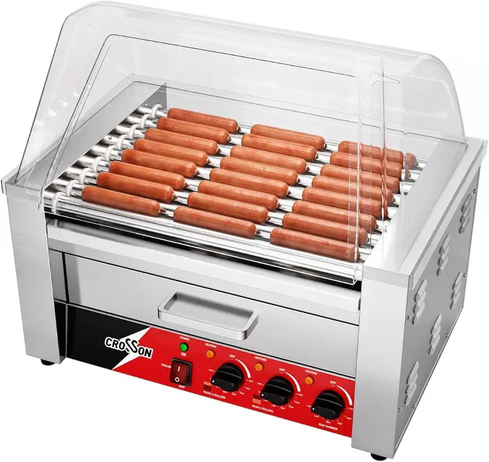 CROSSON Hot Dog Roller 9 Rollers 24 Hot Dogs,1750W Stainless Steel Hot Dog Grill Cooker Machine with Bun Warmer&Cover for Party Home Commercial