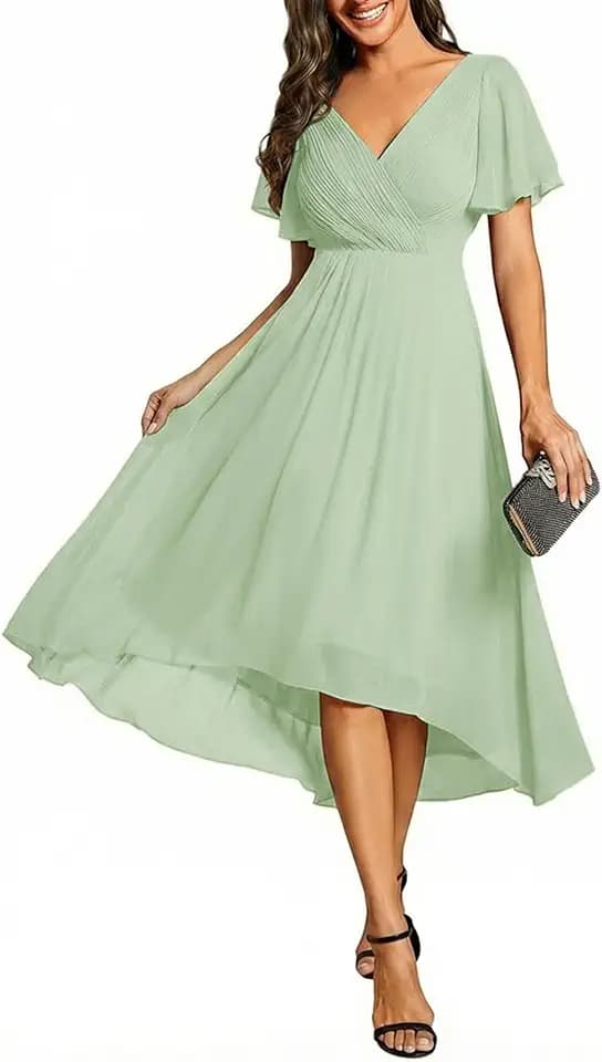Ever-Pretty Women's Summer Chiffon Formal Wedding Guest Dresses Pleated V-Neck Short Sleeves Cocktail Dress 01923
