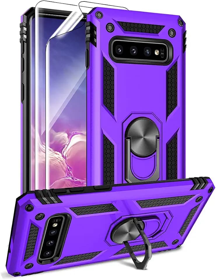 Androgate for Samsung Galaxy S10 Case with HD Screen Protectors, Military-Grade Metal Ring Holder Kickstand 15ft Drop Tested Shockproof Cover Case for Samsung Galaxy S10 (2024) Purple