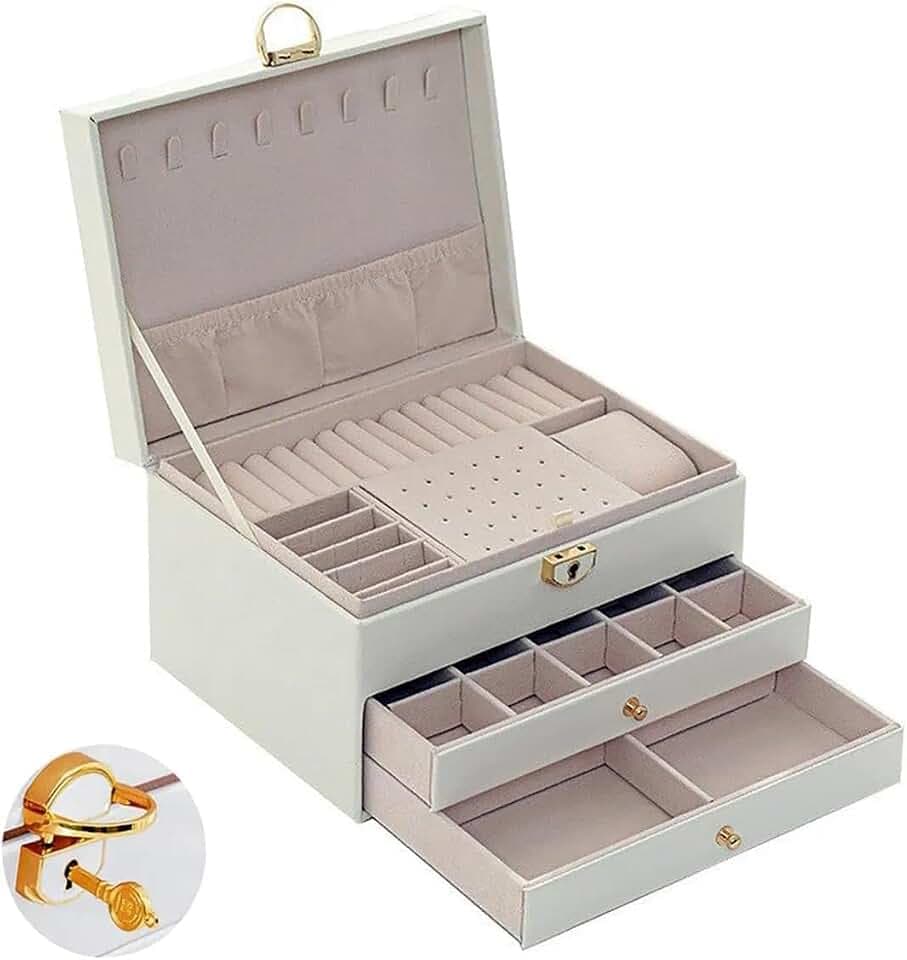 Schmuckaufbewahrung 3 Ebenen, Stapelbar Schmuckaufbewahrung, 2 Schubladen, Aufbewahrungskasten Mit Fächern, mit Schloss und Schlüssel, für Ohrringe Ringe Armbänder Halsketten(Rosa)