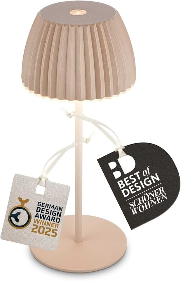 BRILONER - Riffle Mini LED Tischlampe kabellos IP44 mit Lichtkante, Touchdimmer, Akku tauschbar, Nachttischlampe, LED Lampe, Akku Lampe, German Design Award Winner 2025, 8,5 x 20 cm, Beige