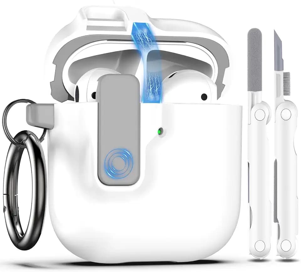 RFUNGUANGO for AirPods 1 & 2 Case Cover with Cleaner Kit,Auto Snap Switch and Secure Lock Clip Case Design Compatible with Apple Airpods 2nd and 1st Charging Case,White
