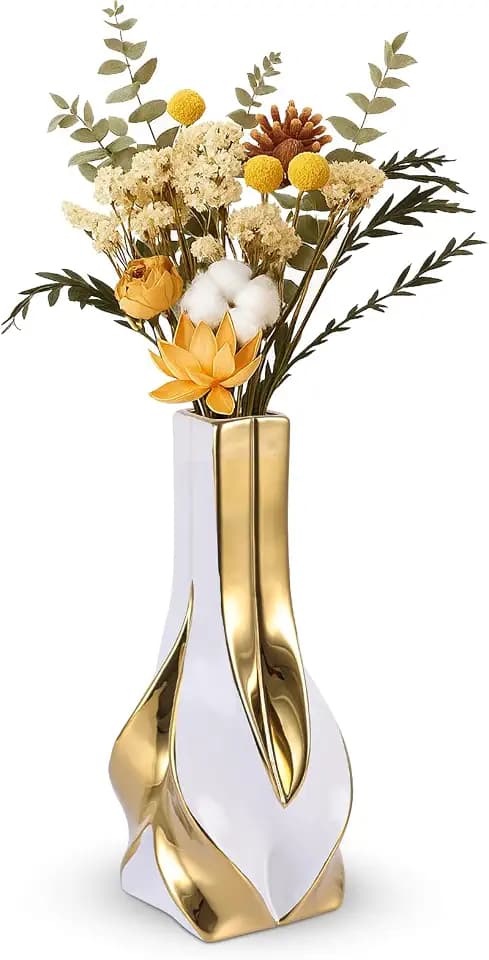 10.6" White and Gold Ceramic Vase, Modern Geometric Flower Vase for Dining Table Centerpiece, Elegant Decorative Vase for Pampas Grass, Living Room, Bedroom, Office, Tabletop Decoration