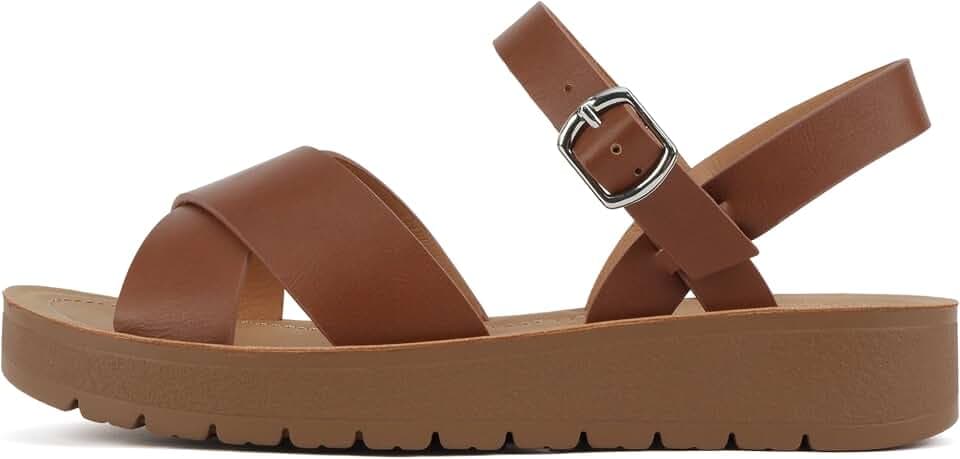 Soda CHESTER ~ Women Flat Sandals Flatform Ankle Buckle Criss Cross Band Straps Sandals Shoes (Gold Raffia, 5.5)