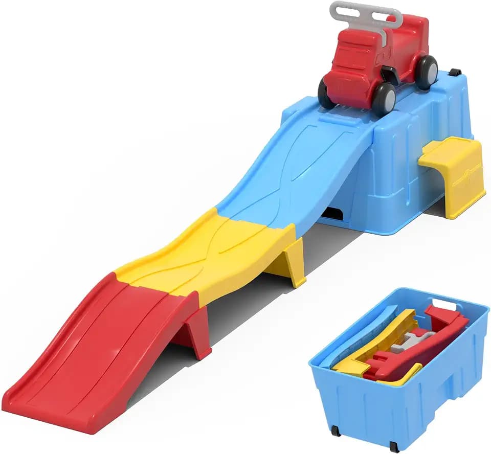 Up & Down Roller Coaster，Kids Ride On Toy，Toddler Push Car with Assembled Race Track & Storage Base Box, Indoor Outdoor Playset
