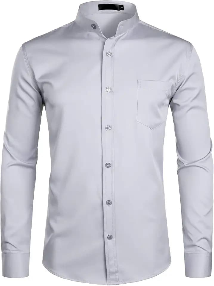 PARKLEES Herren Grandad-Kragen Slim Fit Langarm Casual Button Down Kleid Shirts mit Tasche