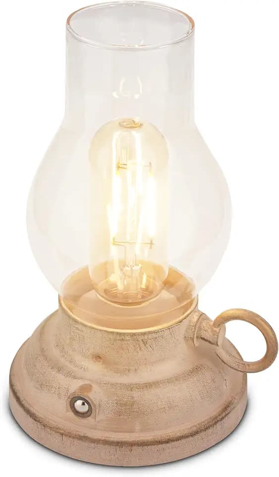 BRILONER - LED Tischlampe kabellos IP44 mit Touch, dimmbar, Akku tauschbar, Campinglampe, Tischleuchte, Akku, Outdoor, elektronische Öllampe, LED Petroleumlampe, Antik, 10,5x17,5 cm, Beige-crafted