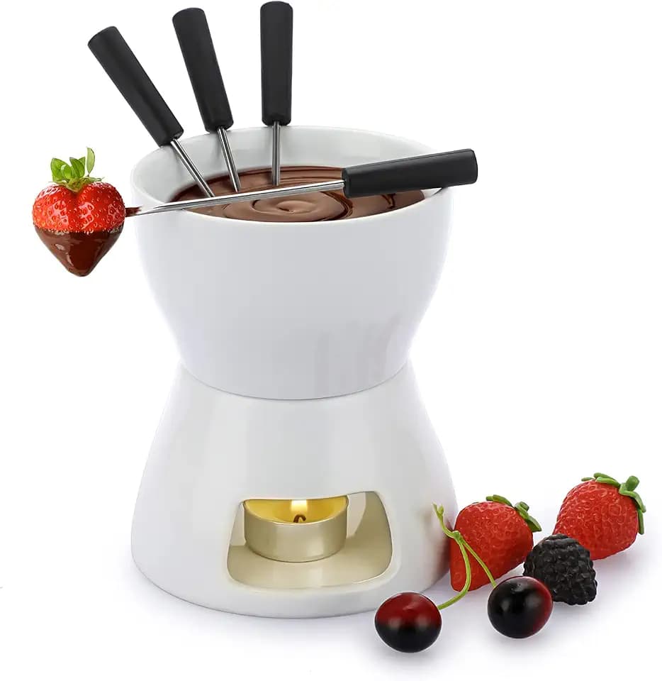 SUMNACON Keramike Schokofondue-Topf-Set mit 4 Gabeln Schoko Fondueset 400ml