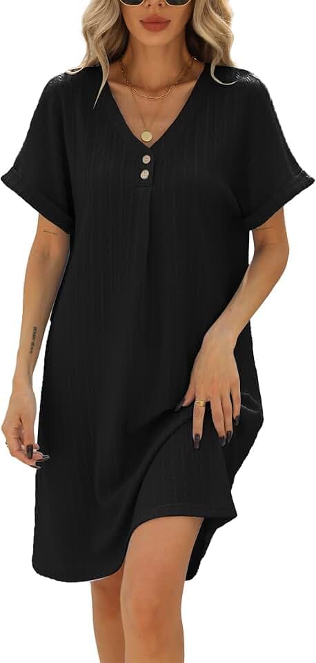 Famulily Damen Sommerkleid Elegant Einfarbig A-Linien Strandkleid Kurzarm Leichte Freizeitkleid Kleidung mit Knöpfe S-XXL