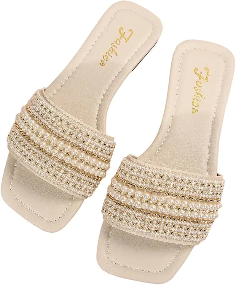 GORGLITTER Women's Pearl Summer Beach Sandals Square Open Toe Slip On Flat Slides