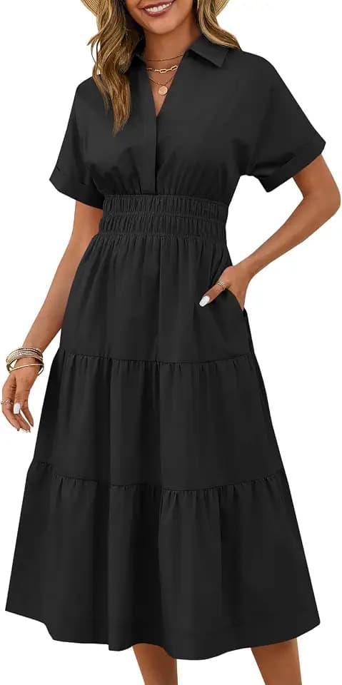 Wenrine Women Summer Short Sleeve V Neck Work Shirt Maxi Dress with Pockets