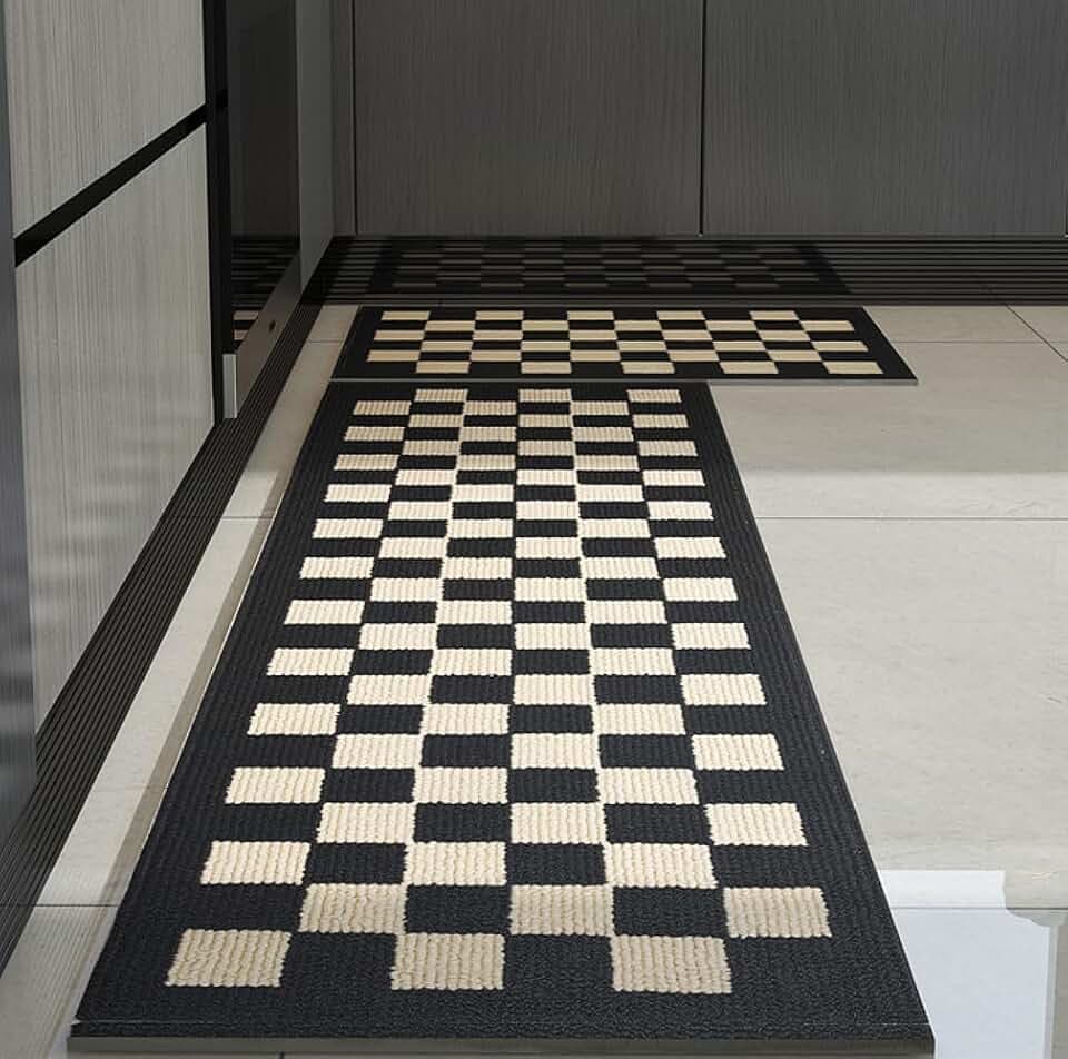 Black White Checkered Kitchen Rugs Runners Kitchen Mats for Floor, Set of 2