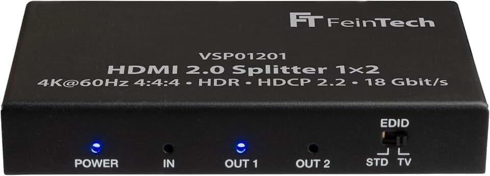 FeinTech VSP01201 HDMI 2.0 Splitter 1 auf 2 Verteiler Ultra-HD 4K@60Hz YUV 4:4:4 HDR HDCP 2.2 EDID 18 Gbps