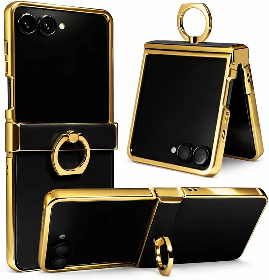 Genuine Leather Case for Samsung Galaxy Z Flip, Military-Grade Drop Protection, Hinge Protection Cover with Ring Kickstand, Gold Trim (Black, Z Flip7)