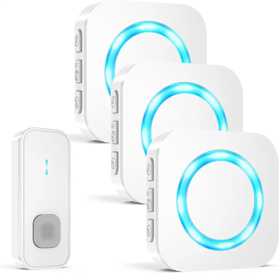 AIMAX Funkklingel mit 1 Sender und 3 Empfänger,klingel Haustür kit,400m Hohe Reichweite, IP55 Wasserdicht, 55 Klingeltöne, 5 Lautstärkestufen Mit LED-Blitz,kabellose Installation