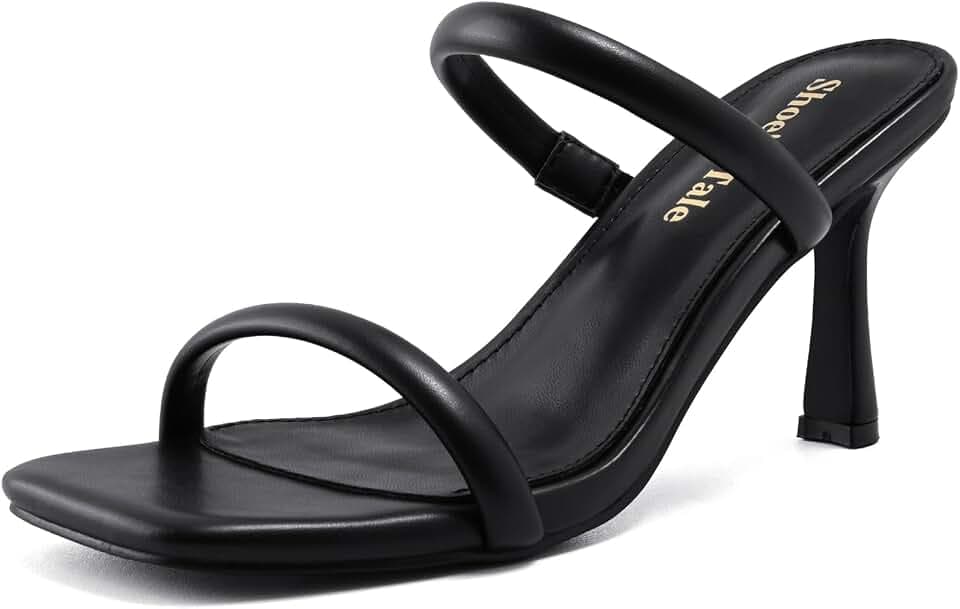 Shoe'N Tale Women's Strappy Heels Kitten Heeled Mules Two Straps Square Open Toe Slip On Sandals