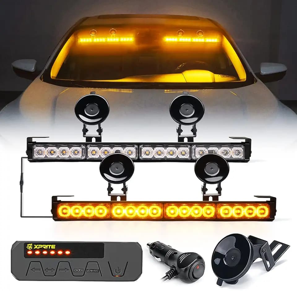 Xprite LED Dual Traffic Advisor Strobe Light Bar w/Control Box, Front Rear Windshield Visor Deck Caution Lightbar for Construction Towing Snow Plow Pickup Work Trucks Cars - Amber