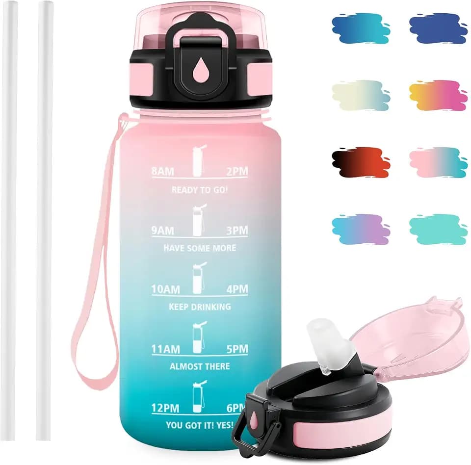 Trinkflasche Auslaufsicher 500ml, Sport Trinkflasche mit Zeitmarkierung, Kohlensäure Geeignet, Wasserflasche mit strohhalm, Perfekt für Joggen, Schule, Mädchen, Picknick, Fahrrad