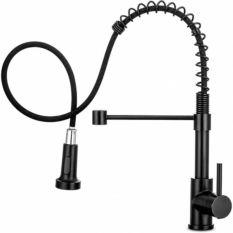 GOOGO Wasserhahn Küche, Hochdruck Küchenarmatur mit ausziehbarer Brause, 360° drehbare Spiralfeder Spültischarmatur, 2 Strahlarten, SUS304 Edelstahl, für Spüle, Topfspülen (Schwarz)