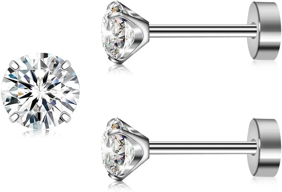 Artskin Titan Cubuic Zirkonia Ohrstecker für Frauen Männer CZ Ohrring Ohrstecker hypoallergen flach zurück Ohrringe Silber Mädchen Ohrring Ohrstecker Set für Knorpel 3mm-5mm