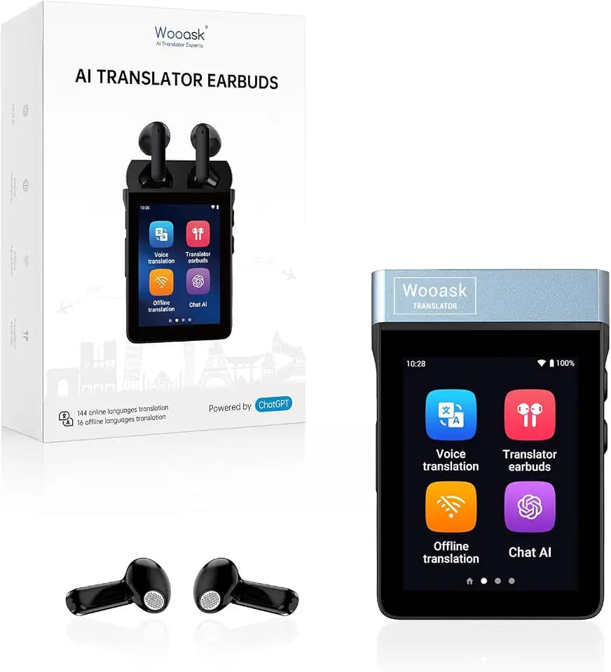 Wooask A9 AI Translator Earbuds, for Global Business Travel & Off-Grid Exploration, Instant Offline/Camera Translation, Unlock 4G Calls & Hotspot with a SIM No Phone Needed (Black)