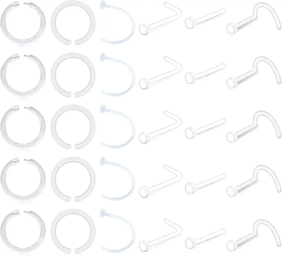 D.Bella Clear Nose Rings: 18G Retainer & 20G Hoop, Flexible Acrylic Piercing Kit for Work & Surgery