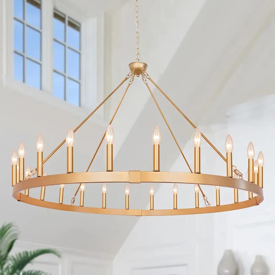 24 Light Gold Wagon Wheel Chandelier 48 inch, Farmhouse Chandelier